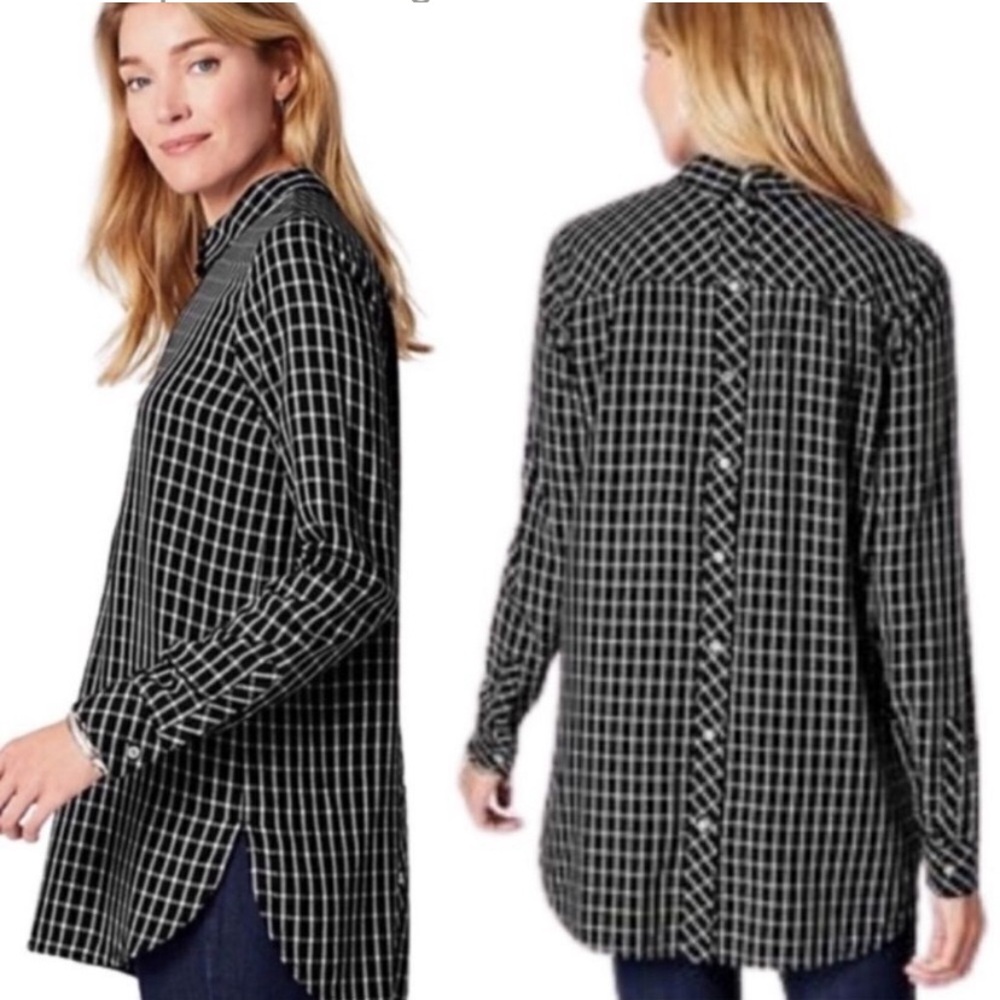 J. Jill Plaid Long Sleeve Tunic Size L Black/White Grid Button Down Shirt